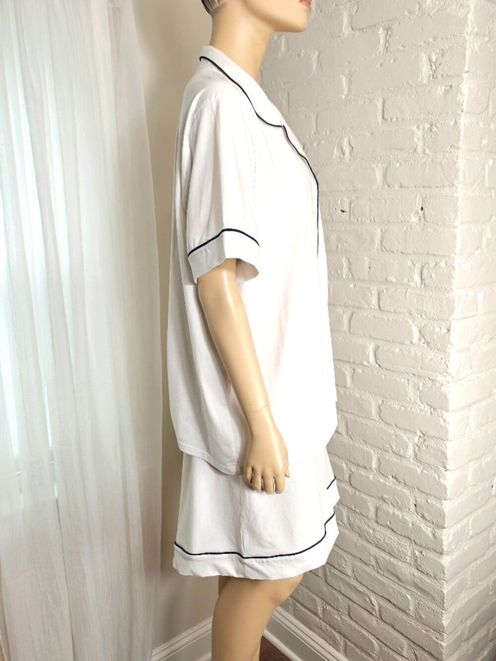 J.Crew Pajama Set Short Sleeve Button Down Shorts White Navy Piping XXL - Picture 11 of 16